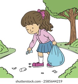 Vector Illustration of a Girl Cleaning Up Litter in the Park - Isolated Eco-Friendly and Environmental Awareness Concept