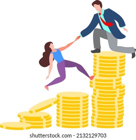 Vector illustration of girl climbing a coin stack with help of a man depicting risk free investment with help of  experts