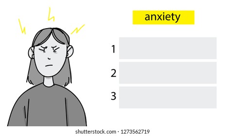 Vector illustration with girl with closed eyes. Illustration in simple style on theme of anxiety.