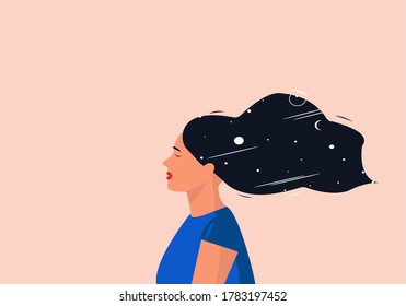 Vector illustration of a girl with closed eyes. The concept of meditation, solitude, soul seeking or mindfulness.