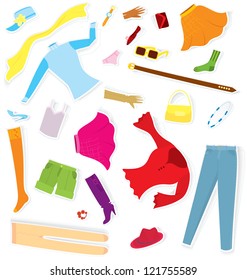 Vector illustration of girl clothes stickers cut out of paper with realistic shadow
