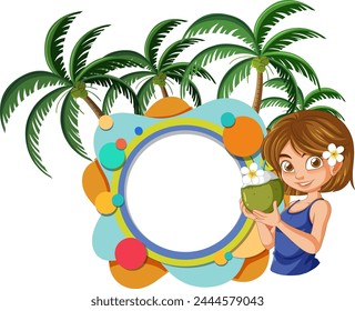 Vector illustration of girl with coconut drink by palms.