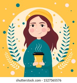 Vector illustration of a girl and coffee mug