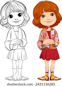 Vector illustration of girl, colored and line art.
