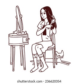 Vector illustration of Girl combing her hair in front of the mirror