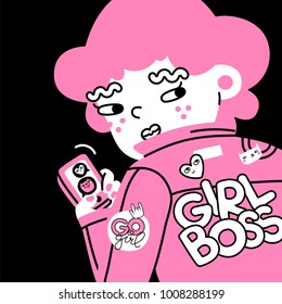 Vector illustration of girl in comic style. Design for posters, stickers, embroidery, badges, pins and clothing