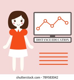Vector illustration of girl and computer with distance education text. Distance education concept. Vector banner for online education, online university