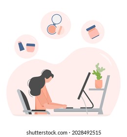 Ilustración vectorial Chica en la computadora hace un pedido y compra de productos de belleza. Pedidos de entrega en línea tienda de cosméticos y productos de cuidado personal. Compras. Ver en línea desde casa
