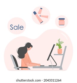 Vector illustration Girl at computer makes an order and purchases of beauty products. Ordering for delivery online store of cosmetics and personal care products. Shopping. Shop online from home