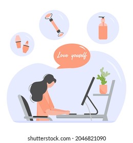 Vector illustration Girl at computer makes an order and purchases of beauty products. Ordering for delivery online store of cosmetics and personal care products. Shopping. Shop online from home