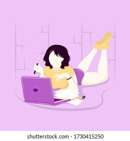 Vector Illustration eines Mädchens am Computer für Ihr Projekt. Arbeiten oder studieren zu Hause. Das Mädchen liegt auf dem Boden.