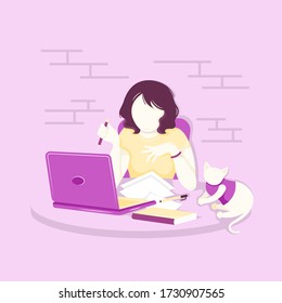 Vector illustration of a girl at the computer for your project. Work or study at home. Women's desktop.