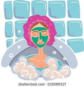 Vector illustration a girl with a cosmetic mask on her face and a shower cap in a bubble bath