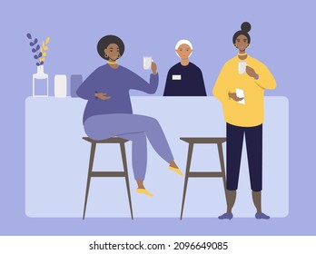 vector illustration - a girl at the counter of a coffee shop and two visitors are drinking coffee. trend illustration in flat style