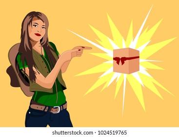 Vector illustration of a girl with a cowboy hat pointing a finger at a gift