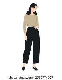 Vector illustration of a girl in a cozy beige sweater and black pants. Suitable for autumn looks.