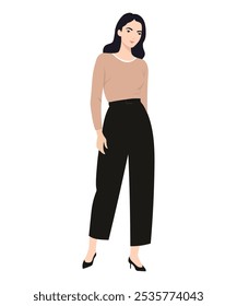 Vector illustration of a girl in a cozy beige sweater and black pants. Suitable for autumn looks.