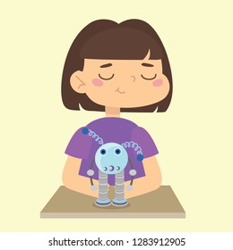 Vector illustration with girl creating and playing robot, educational project concept for children in flat style 