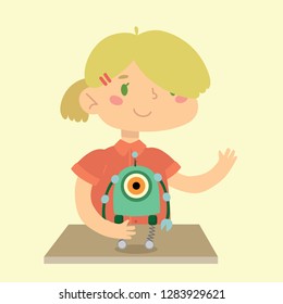 Vector illustration with girl creating and playing robots, educational project concept for children in flat style 