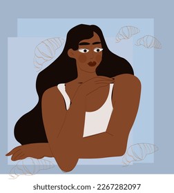 Vector illustration of a girl with croissants, tanned brunette girl