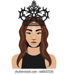 Vector illustration of girl with crown, deer horns in flat style. Website avatar or fashion girl symbol.