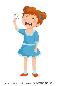 Vector illustration of a girl crying after being stung by a bee.