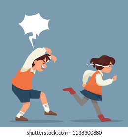 vector illustration girl is crying because of a boy bullied her, girl is running and crying