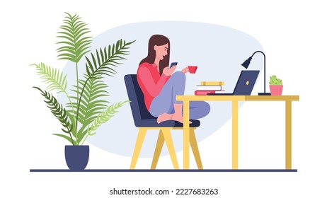 Vector illustration of a girl with a cup sitting on a chair. Cartoon scene with girl drinking coffee at table with laptop and looking at the phone on white background.