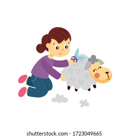 vector illustration of a girl cutting sheep's wool on isolated background