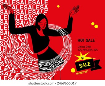 vector illustration, girl dancing among discounts, poster, red, black, white, yellow