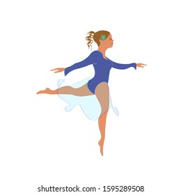 vector illustration girl dancing in a blue dress.woman stands on one leg. the dancer is spinning in a light waltz.