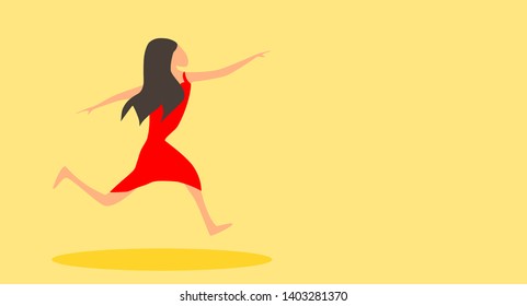 Vector illustration of a girl dancing in a red dress on a yellow background. Based on the concept of freedom. Useful for content related to freedom, women empowerment etc. Space left for contents.