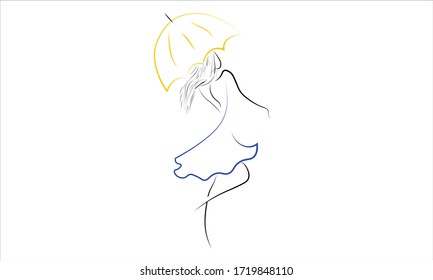 A vector illustration of a girl dancing with a yellow umbrella.