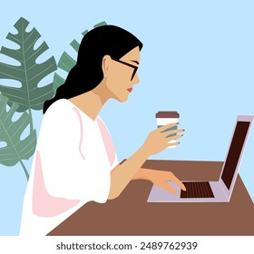 Vector illustration of a girl with dark hair wearing glasses working at a laptop in an open space office. In the background there is a blue background and flowers. coffee in woman's hands. 