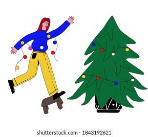 vector illustration girl decorating a Christmas tree with a garland, inadvertently fell from a chair. Funny Christmas card. Character falls and gets angry. Concept of celebration and house decoration.