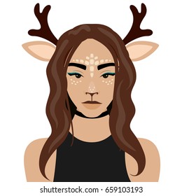 Vector illustration of girl with deer ears and horns in flat style. Website avatar or fashion girl symbol.