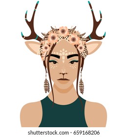 Vector illustration of girl with deer ears and horns, flower, feather and wreath in flat style. Website avatar or fashion girl symbol.