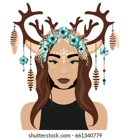 Vector illustration of girl with deer ears and horns, flower, feather and wreath in flat style. Website avatar or fashion girl symbol.