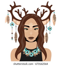 Vector illustration of girl with deer ears and horns, flower, feather and wreath in flat style. Website avatar or fashion girl symbol.