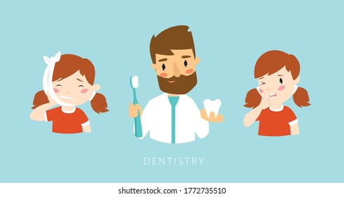 Vector illustration of a girl at the dentist. Health care. Doctor.
