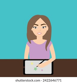 vector illustration, girl designer, draws on a graphics tablet, digital artist, illustrator
