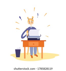 Vector illustration with a girl at the desk with a typewriter