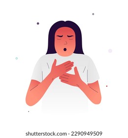 Vector illustration of a girl with difficulty breathing. A person has shortness of breath due to lack of oxygen. Symptoms of allergies, asthma, heart disease, cancer. Illustration for medical posters.