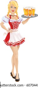 A vector illustration of girl in dirndl dress holding Oktoberfest beer glasses