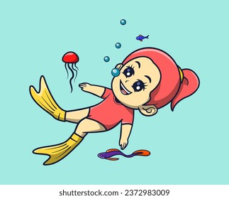 Vector Illustration of girl diving with fish and jellyfish. sport Icon Concept