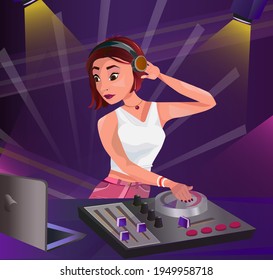 vector illustration girl dj character, neon background, disco character