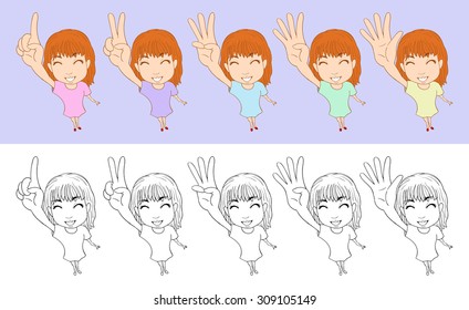 vector illustration of girl do number hand gesture "one", "two", "three", "four" and "five"