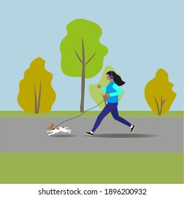 Ilustración vectorial. Chica con un perro en una correa. Jog matutino en el parque. Estilo de vida saludable. Comunicación con animales.