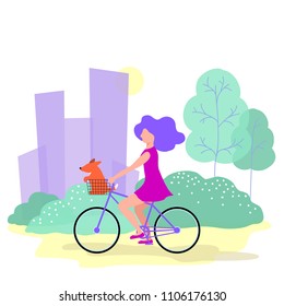 vector illustration of a girl with a dog riding a bike in a city Park,flat design