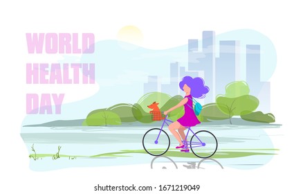 Vector illustration of a girl with a dog riding a bike in a city Park,flat design.World health day.